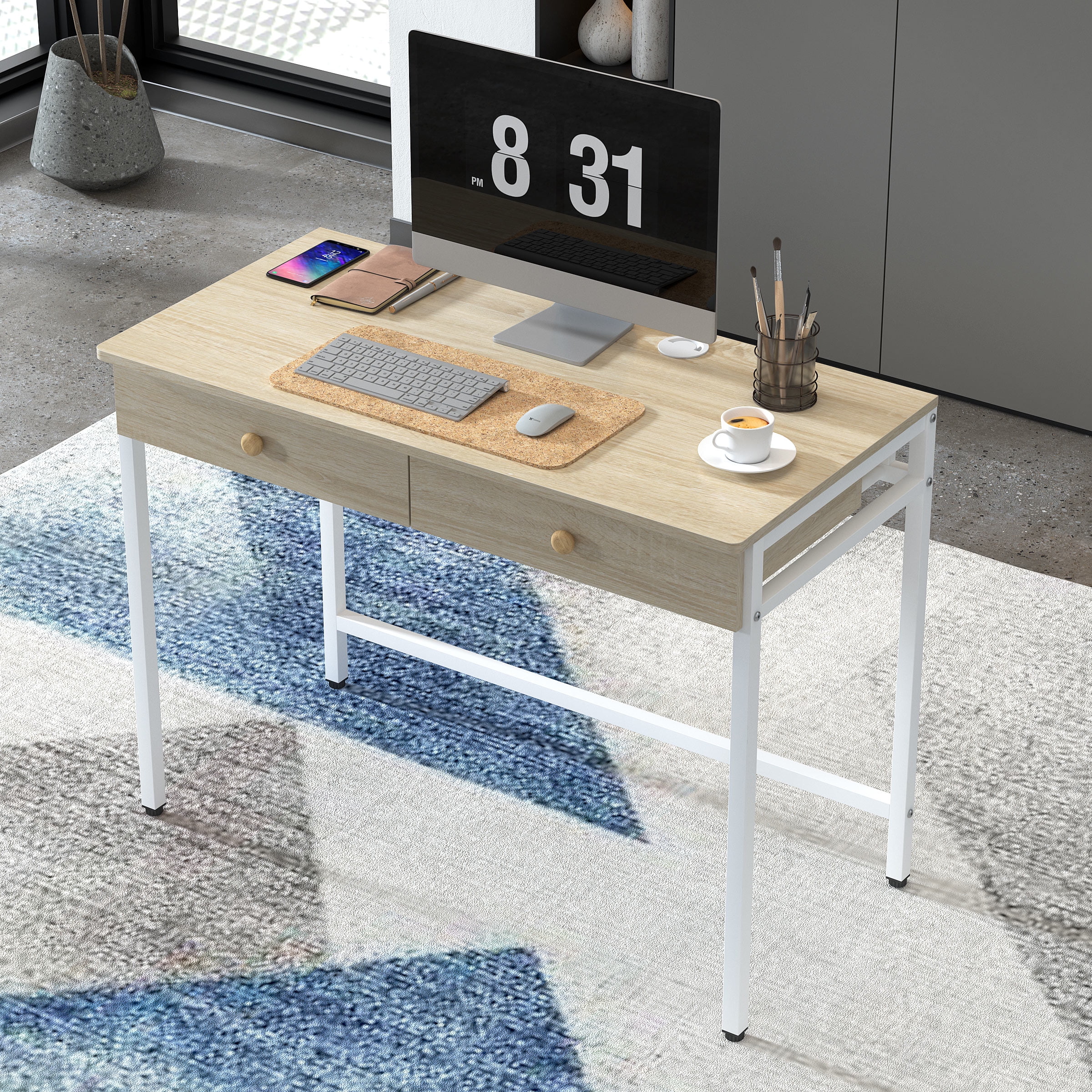 Yoneston 40 Inch Small Computer Desk with 2 Drawers, Vanity Desk with Storage for Bedroom, Home Office Working Table for Bedroom & Small Spaces, Beige