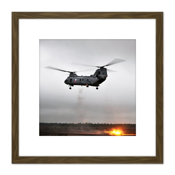 Military USA Marine Corps CH-46 Sea Knight Helicopter Photo 8X8 Inch Square Wooden Framed Wall Art Print Picture with Mount