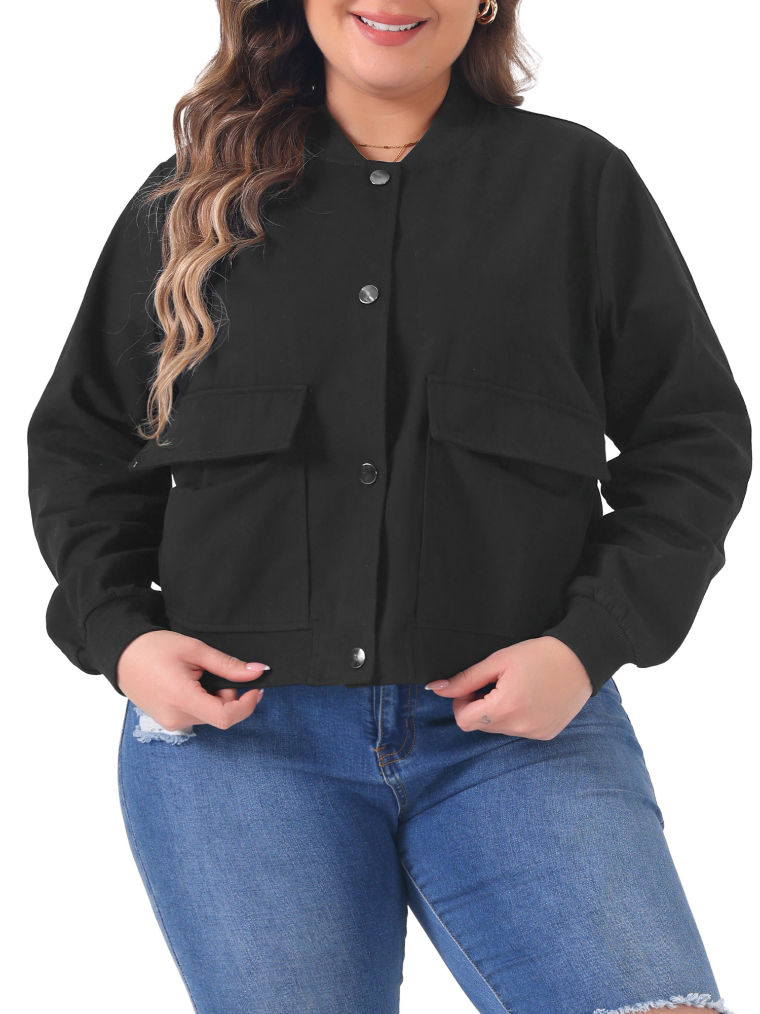 DARING DIVA Plus Size Long Sleeve Stand Collar Button Down Jacket 4X Black