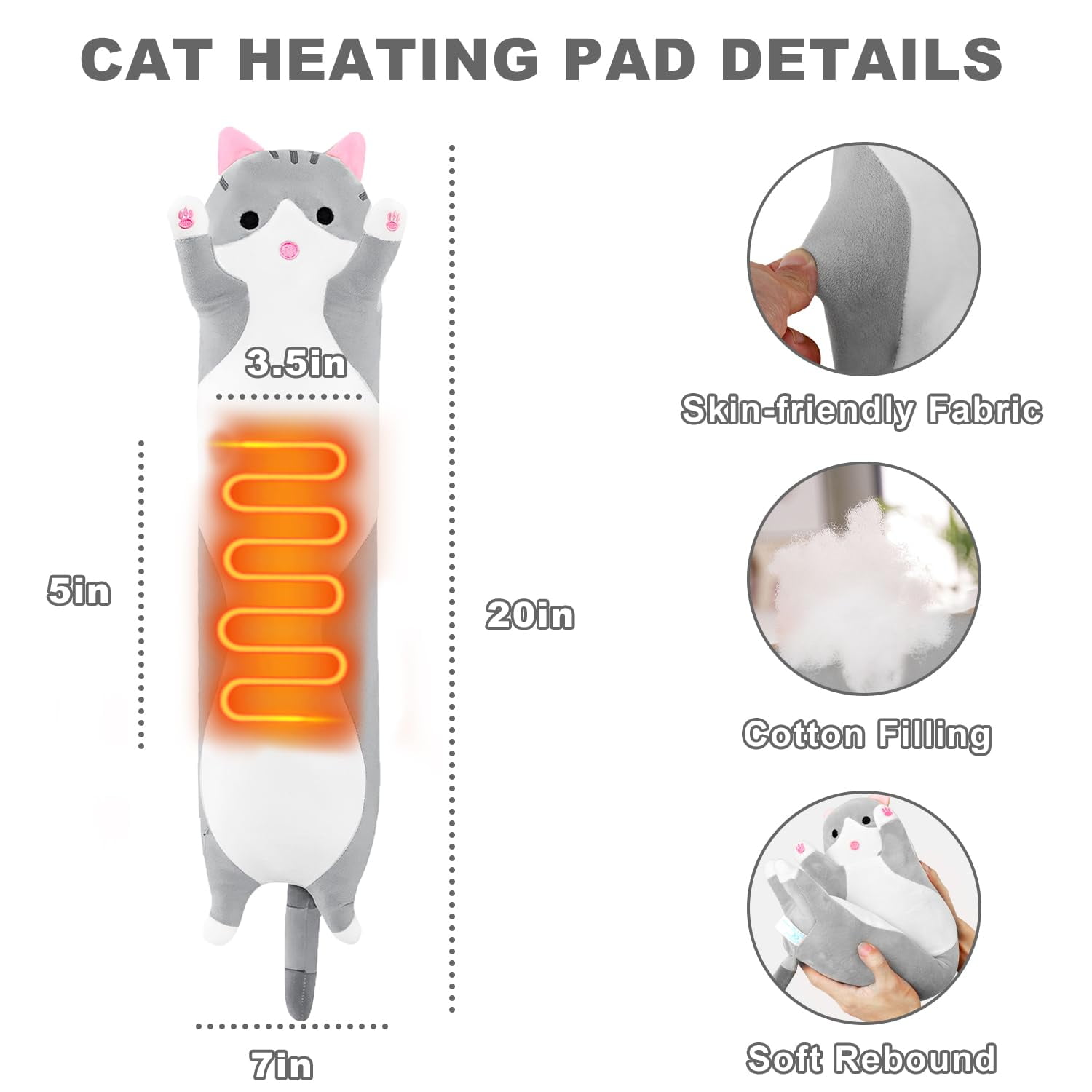 Heating Pad for Neck Shoulder Pain Relief, Portable Cuddly 19.7" Plush Cat with a Hot Soft Belly USB Powered, Gift for Daughter Girlfriend Wife (Grey)