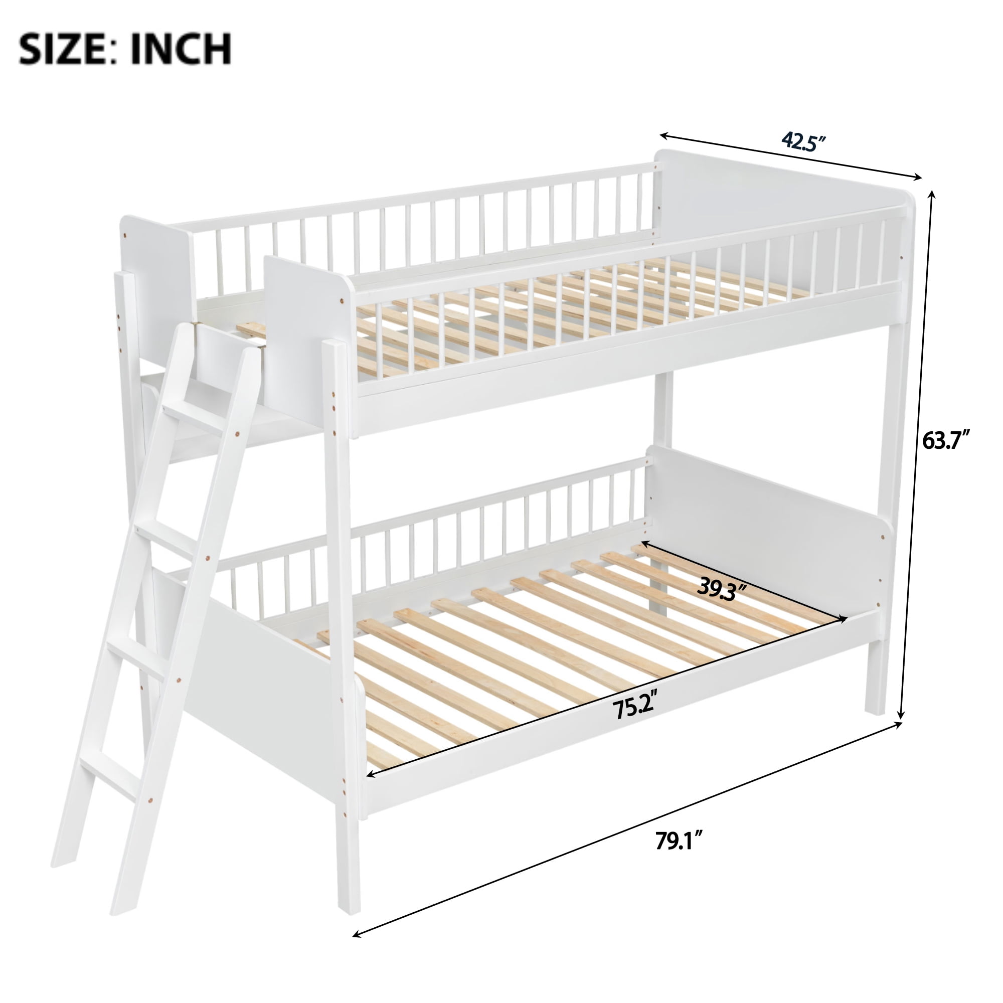 Euroco Wood Twin Size Bunk Bed with Storage Shelves, White