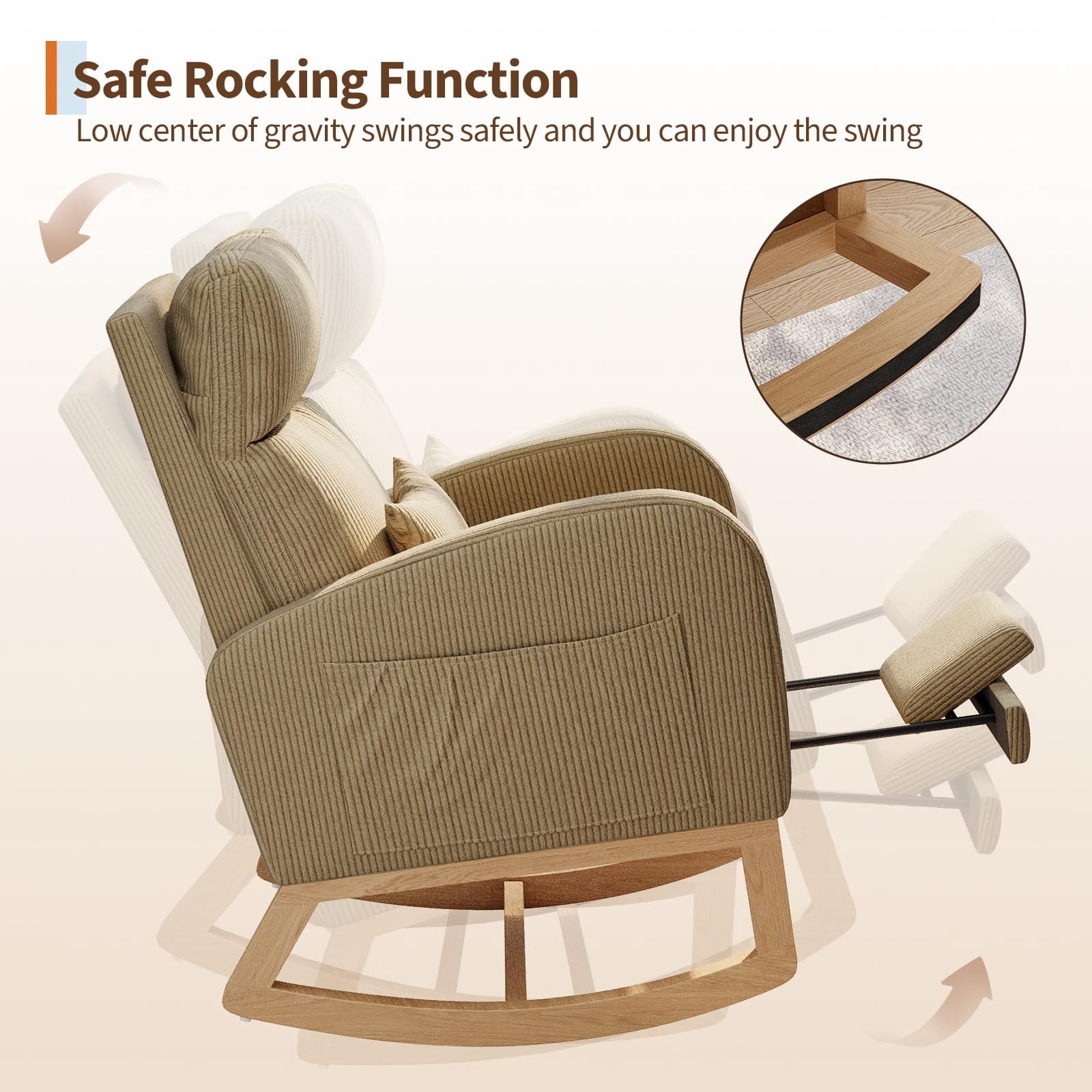 Modern Corduroy Glider Rocker Chair, Full-Body Support, Side Pockets & Lumbar Cushion – Ideal for Living Room, Nursery or Reading Corner