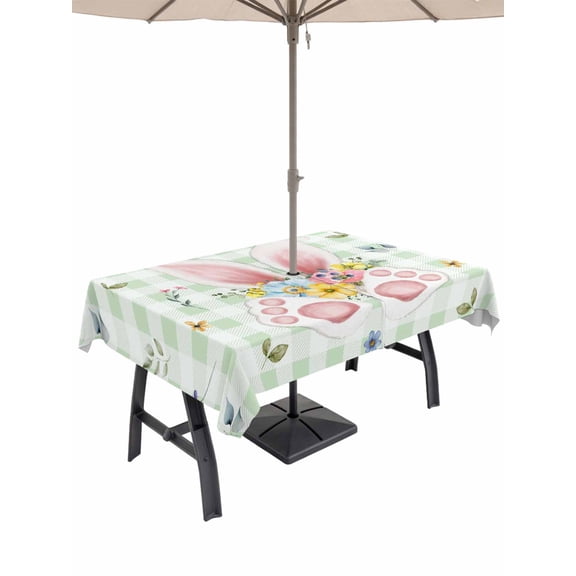 Outdoor Tablecloth with Umbrella Hole and Zipper, Easter Rectangle Table Cloth 60x84 Inch Waterproof Tablecloth, Spring Bunny Ears Feet Flowers Green Plaid Picnic Table Cover for Patio Camping
