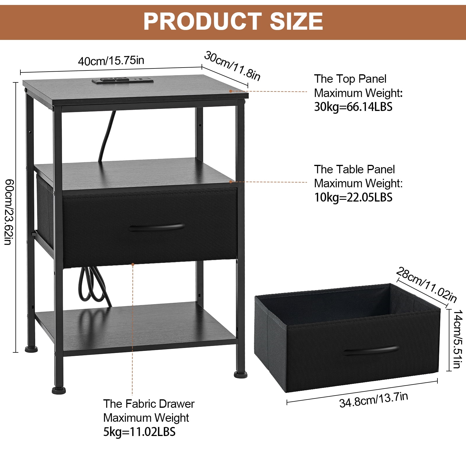 CONCETTA Set of 2 Small Night Stand with Charging Station, 1 Fabric Drawer, USB Ports and Outlets, Open Storage Shelf Bedside End Table for Bedroom, Black