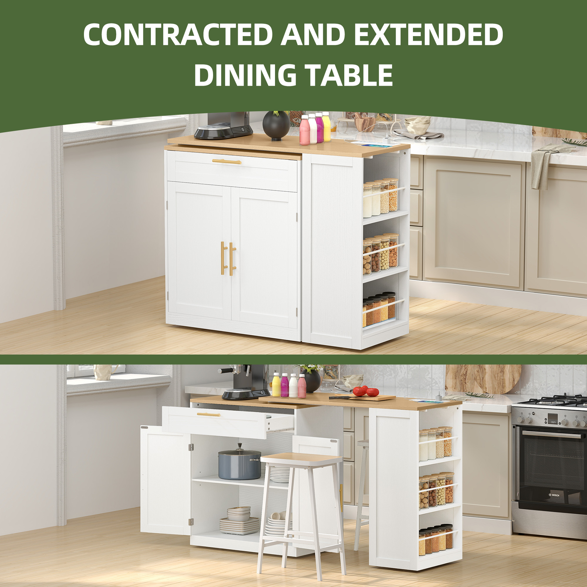 Uforic Extendable Kitchen Island Table with Power Outlets & Seating, Rolling Kitchen Island, White