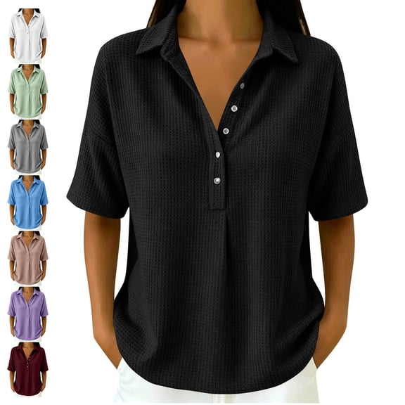 TGSLY Women's Waffle Collared Henley Tops Lightweight Soft Half Snap Buttons Short Sleeve Shirts Loose Fit Dressy Casual Solid Color Blouses XXL