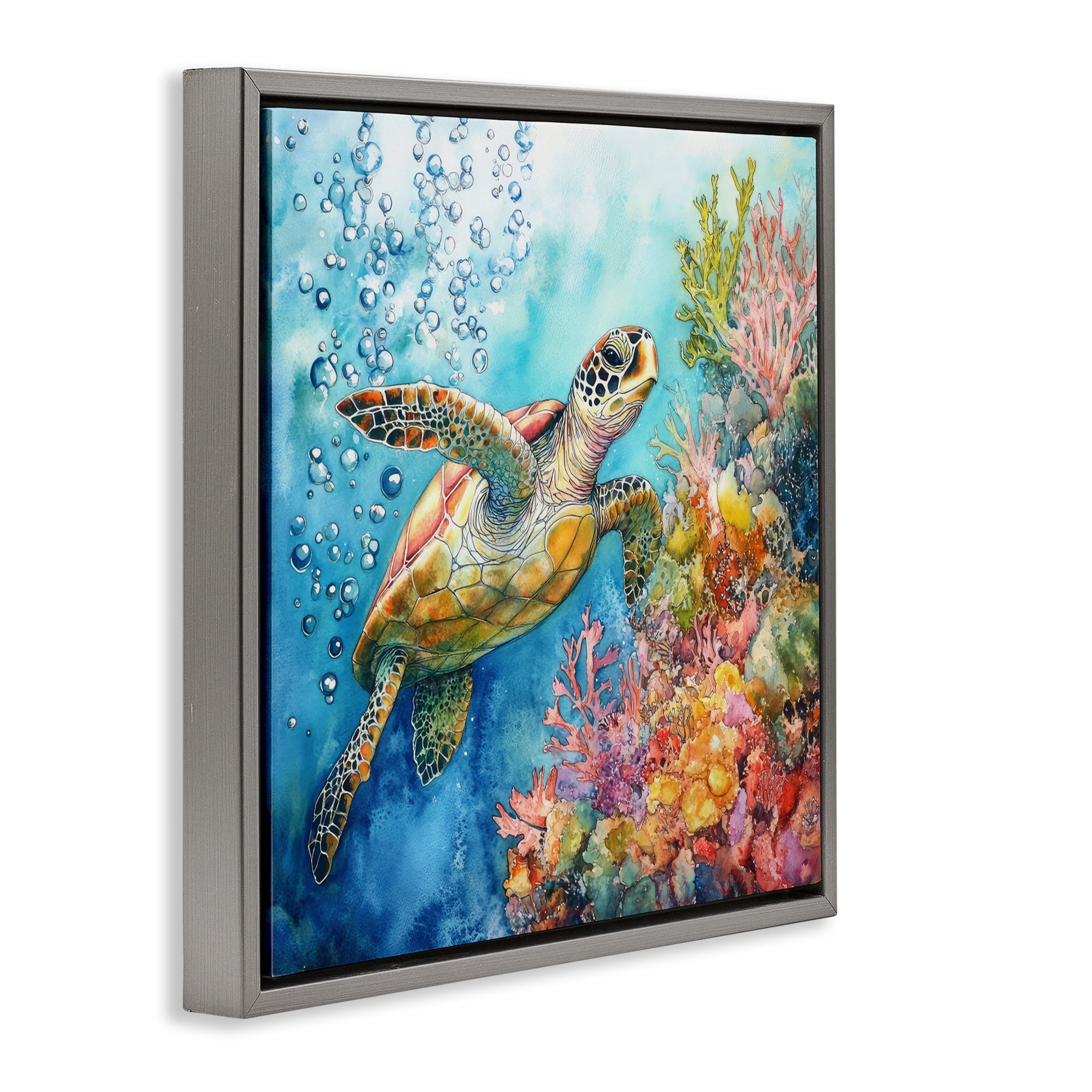 Stupell Industries Underwater Sea Turtle Bubbles Gray Framed Floater Canvas Wall Art, design by Tina LeCour