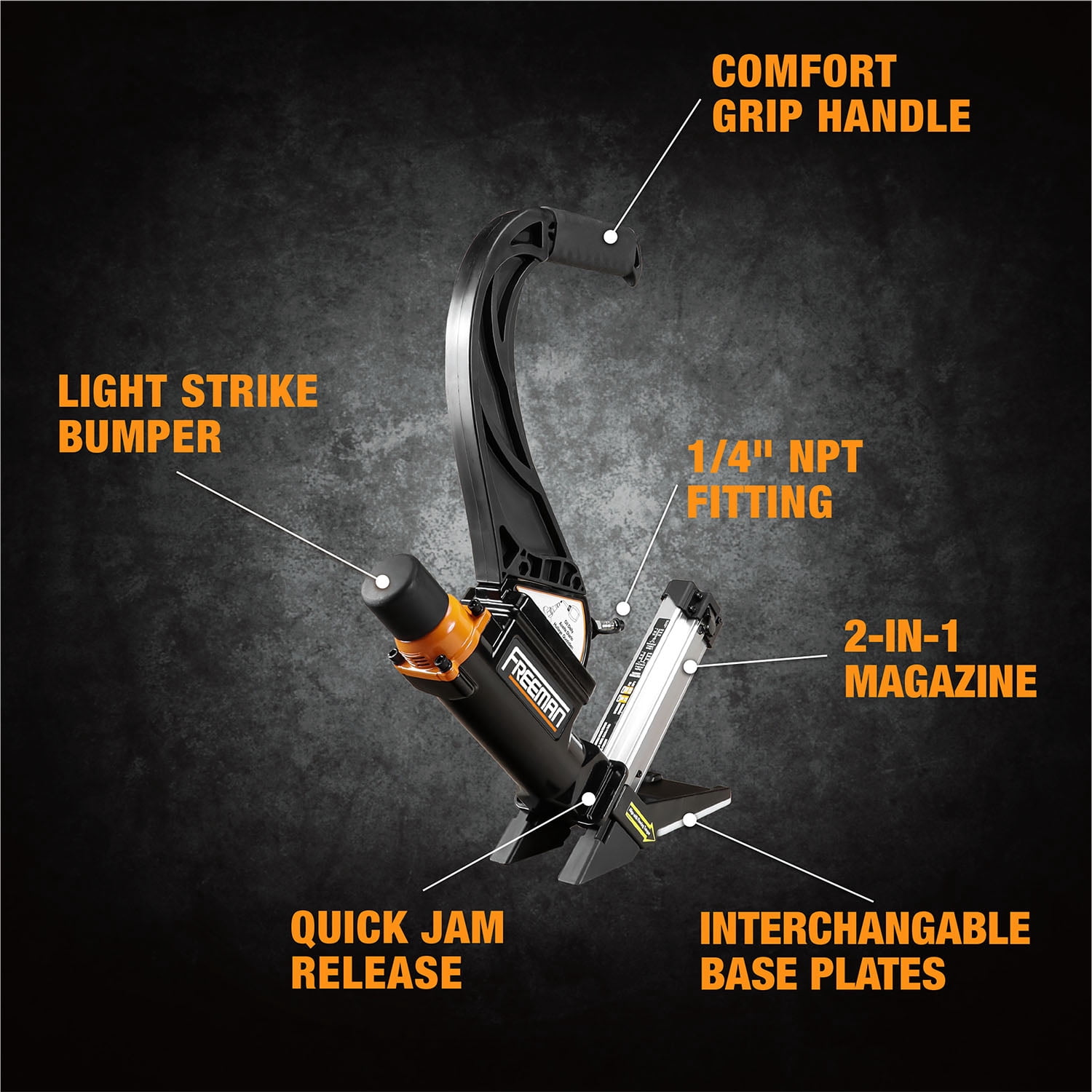 Freeman P50LSLW Lightweight Pneumatic 2-in-1 15.5-Gauge and 16-Gauge 2" Flooring Nailer / Stapler with Flooring Mallet and Interchangeable Base Plates