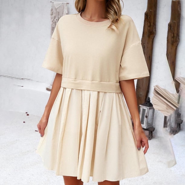 Puntoco Vestido Elegante De Retales De Manga Corta De Nuevo Estilo Para Mujer, Vestido De Cuello Redondo De Manga Corta, Beige S,Regalos Para Mujer Joven