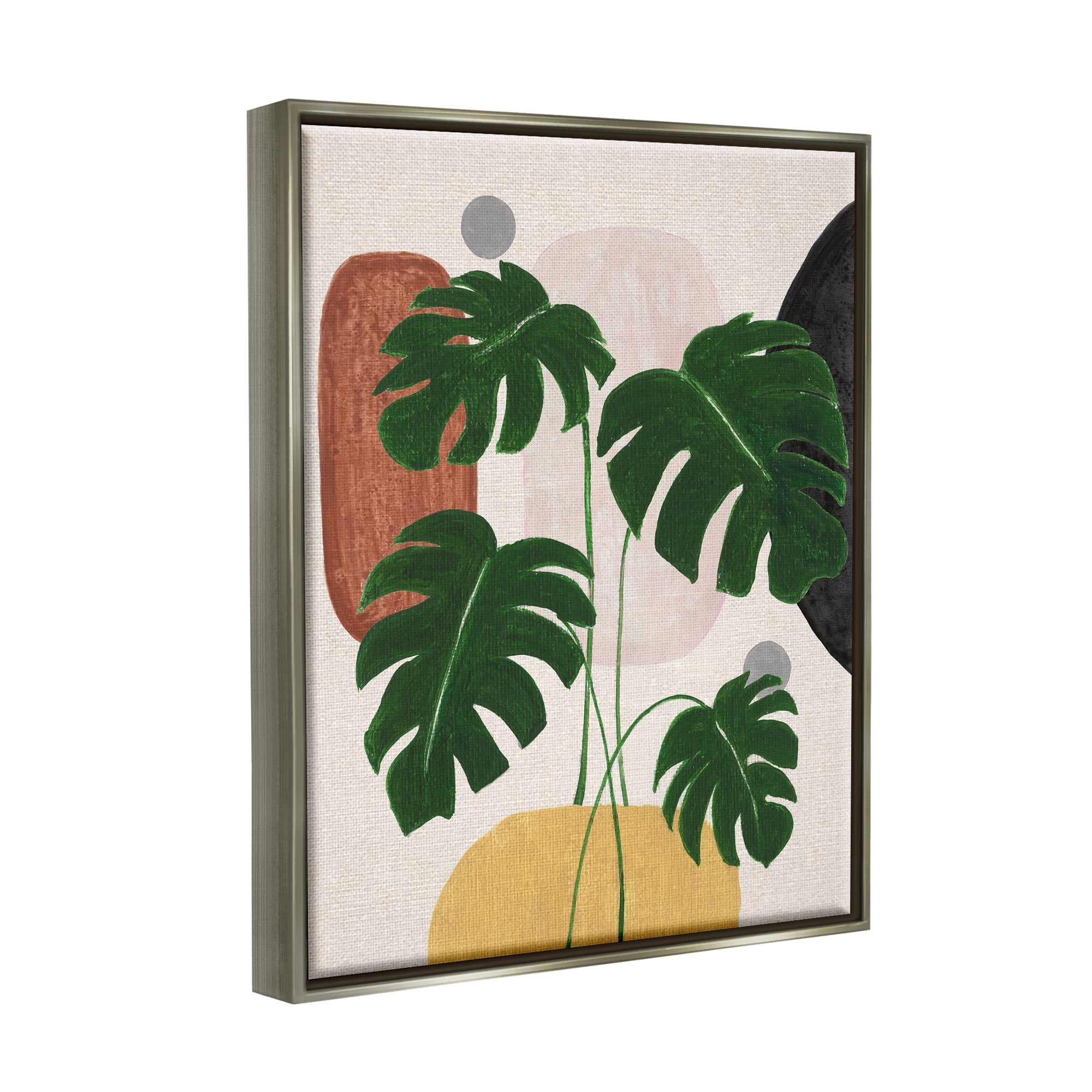 Stupell Industries Boho Monstera with Shapes Botanical & Floral Painting Gray Floater Framed Canvas Art Print Wall Art, 25 x 31