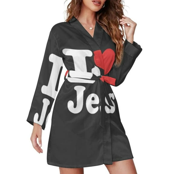 I LOVE JESUS HEART Night Robe Long Sleeve V Neck Robe With Belt Women's Sleepwear Dresses