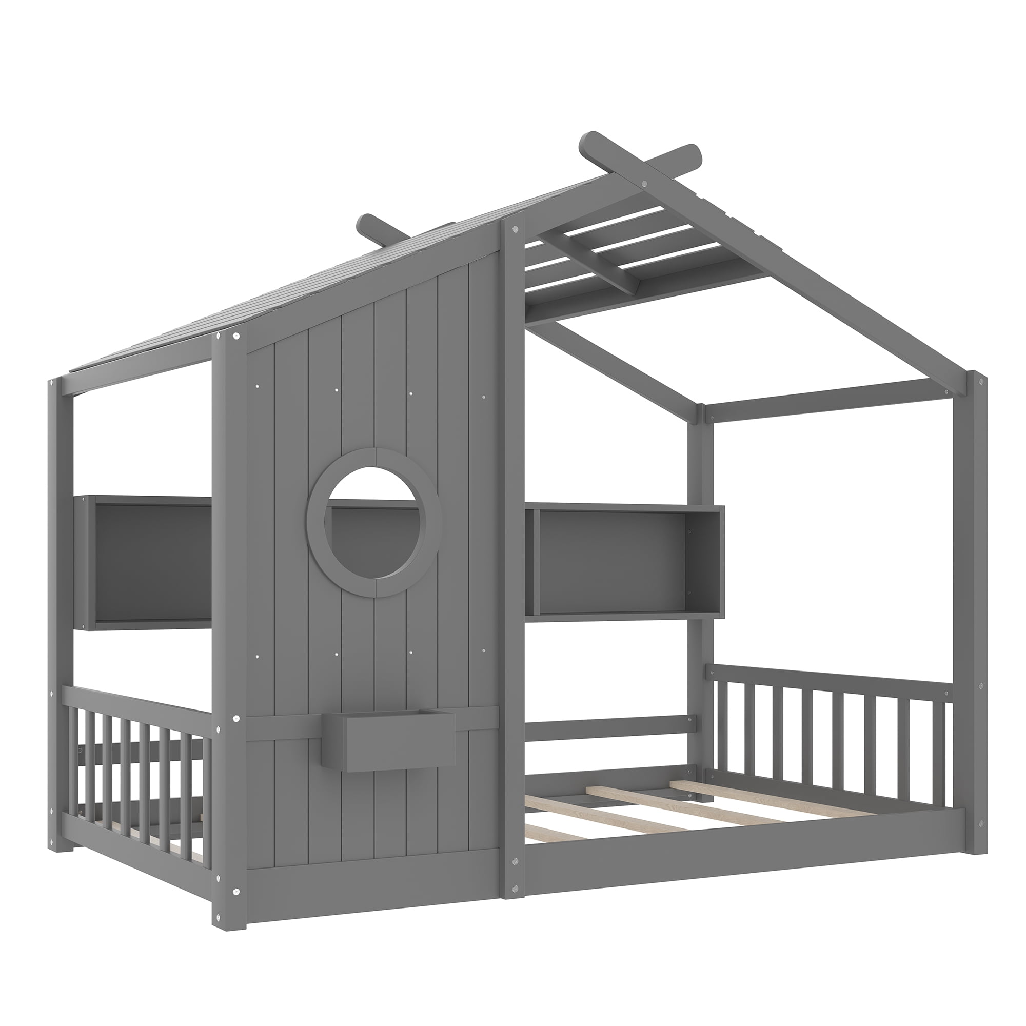 Miniyam Twin Size Montessori Floor House Bed with Roof Design and Storage Shelf for Kids, Gray