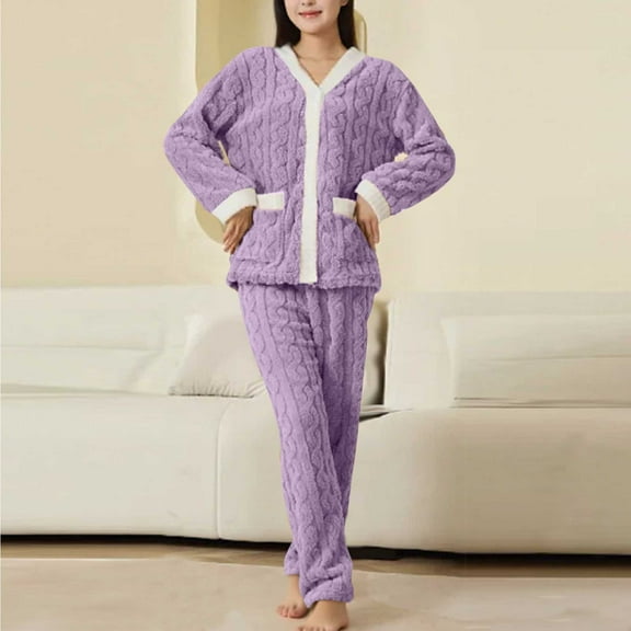 Eltusu Women Fleece Pajama Sets, Thermal Button-Up Two Pieces Comfy Sleepwear Sets Purple Size Free Size