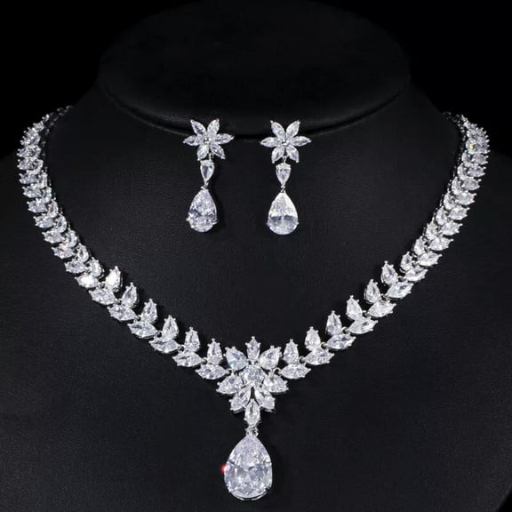 Elegant Cubic Zircon Flower Drop Women Earring and Necklace Wedding Jewelry Sets