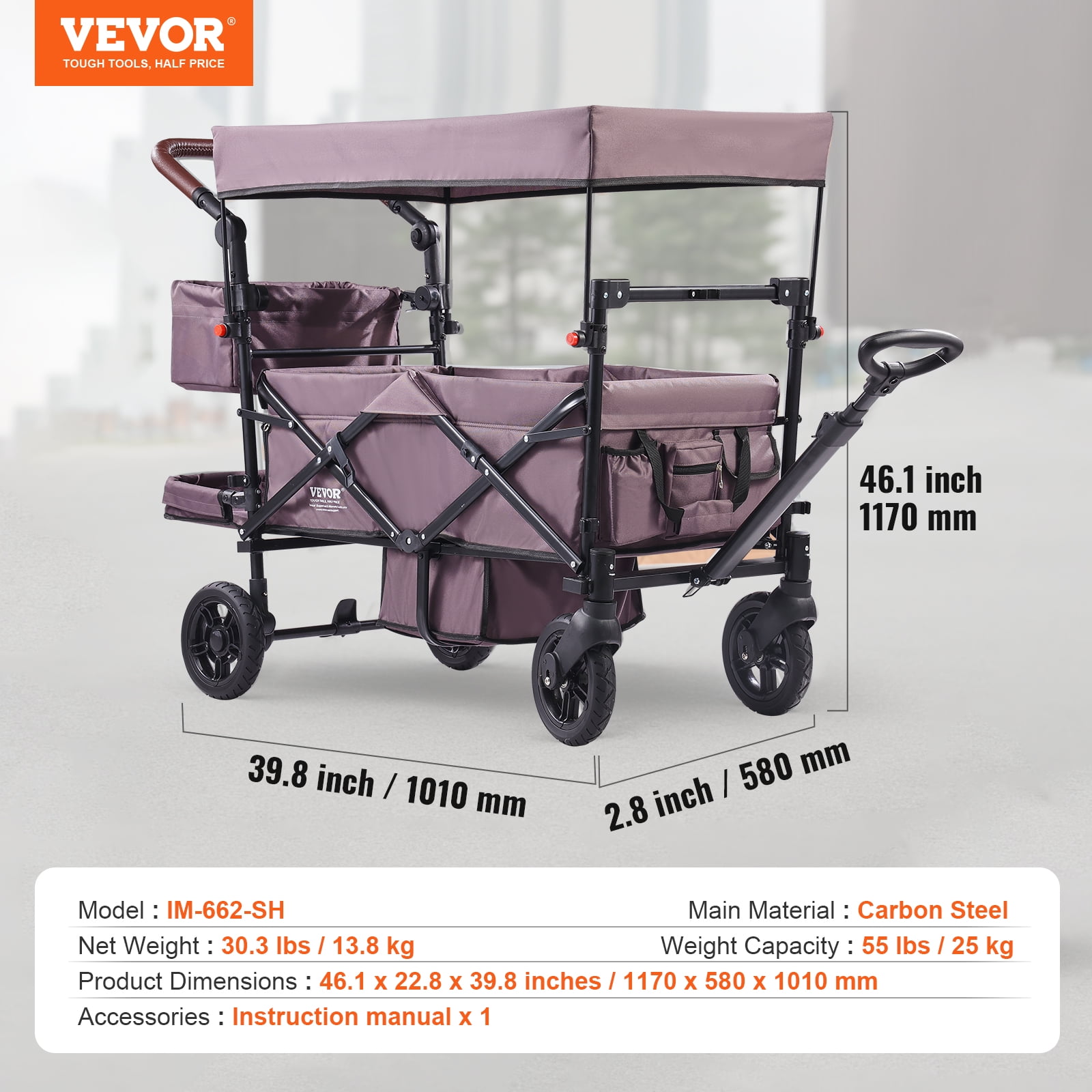 VEVOR Wagon Stroller for 2 Kids, Push Pull Quad Collapsible Stroller with Adjustable Handle, Encircling Harness Removable Canopy,4 Wheels w/Brakes,Mutifunction Tandem Stroller for Camping Dark Purple