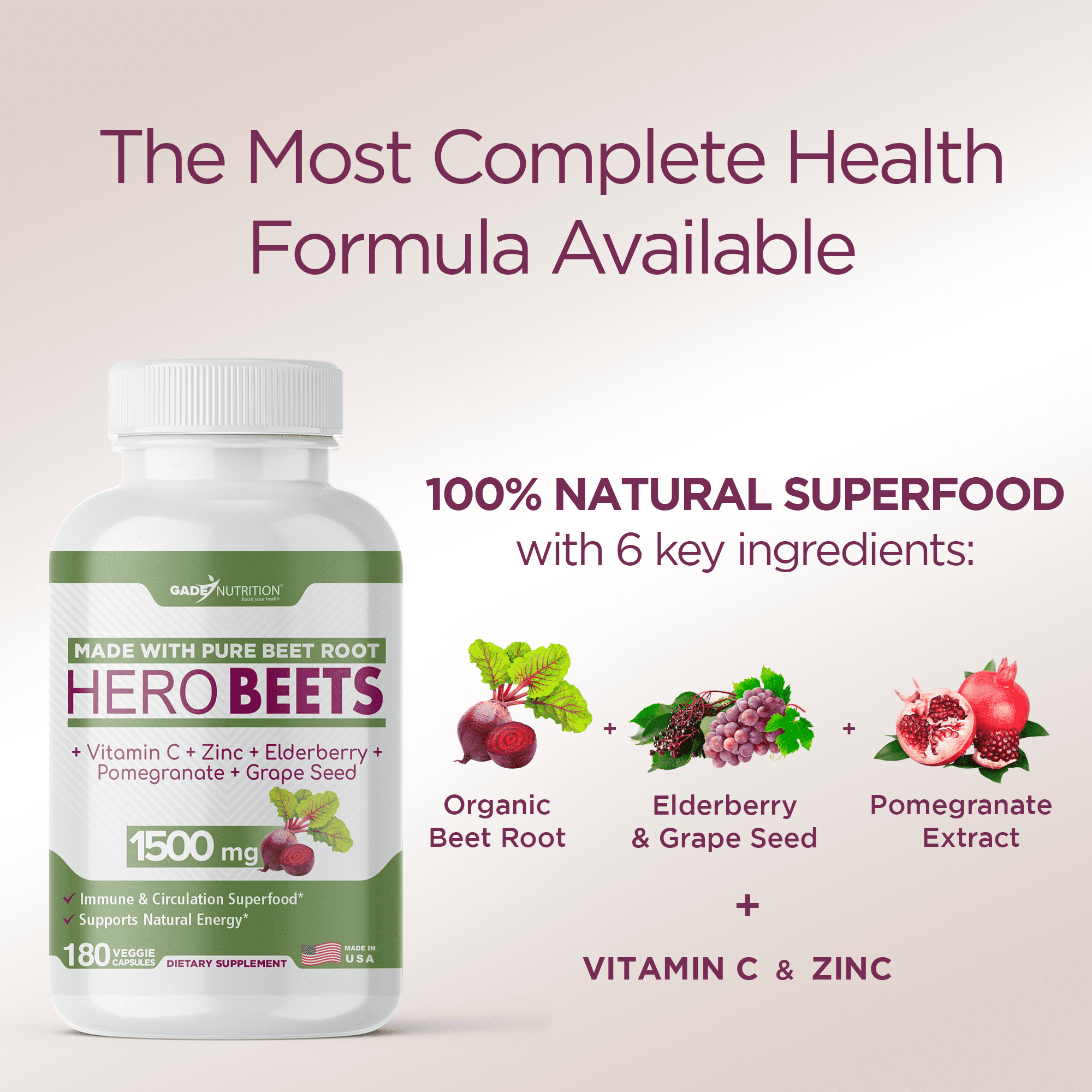 Gade Nutrition Organic Beet Root Capsules 1500 mg with Vitamin C, Zinc, Elderberry, Pomegranate & Grape Seed. Healthy Circulation Vitamins - 3 Months Supply
