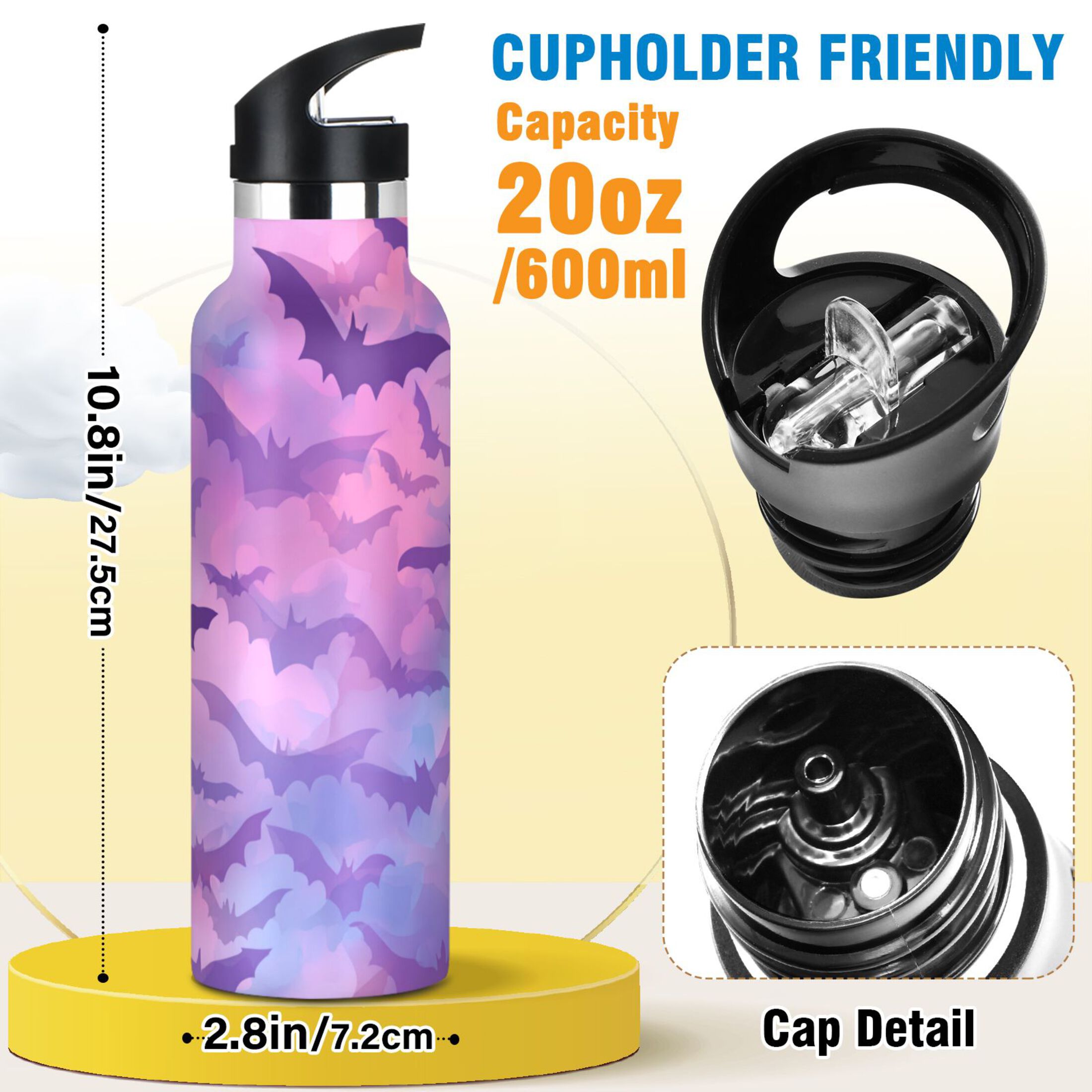Kids Insulated Stainless Steel Sports Water Bottle 600ml (20oz) Purple and Pink Bats