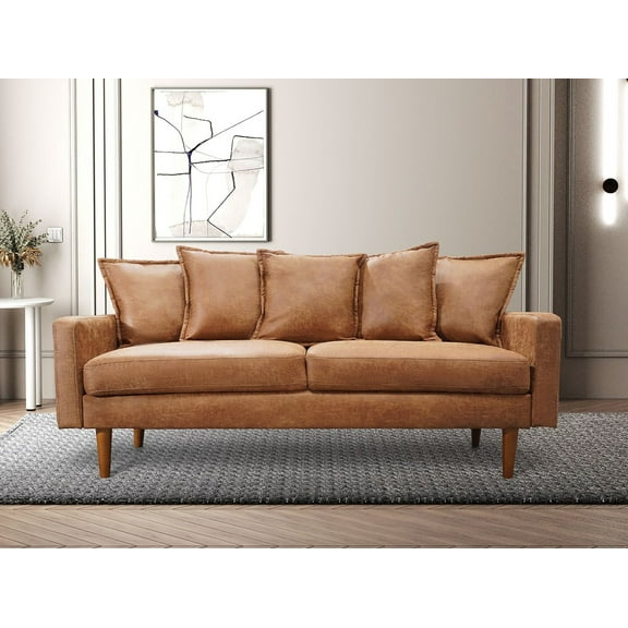 Koby Home 70" Mid-Century Loveseat Sofa Seat Faux Leather Sofas Couches 3-Seater Camel Brown