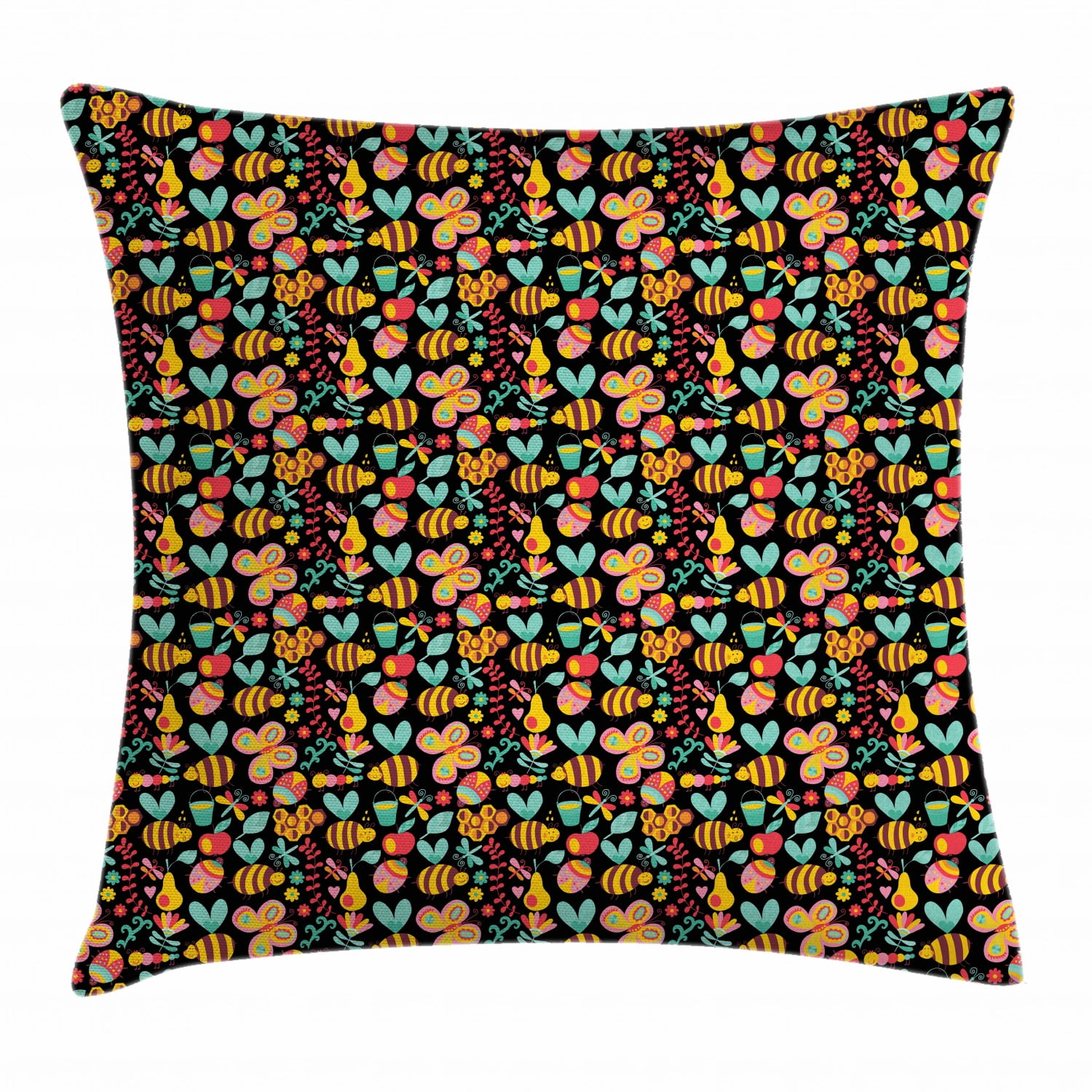 Bee Throw Pillow Cushion Cover, Graphic Summer Composition with