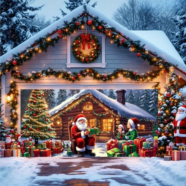 Fiudx Bannière de Porte de Garage de Noël Grande 157x71 Po Polyester Couverture de Jardin Extérieur avec Ruban / Rideau de Porche Réutilisable pour Décoration de Fêtes Jardin avant Mur
