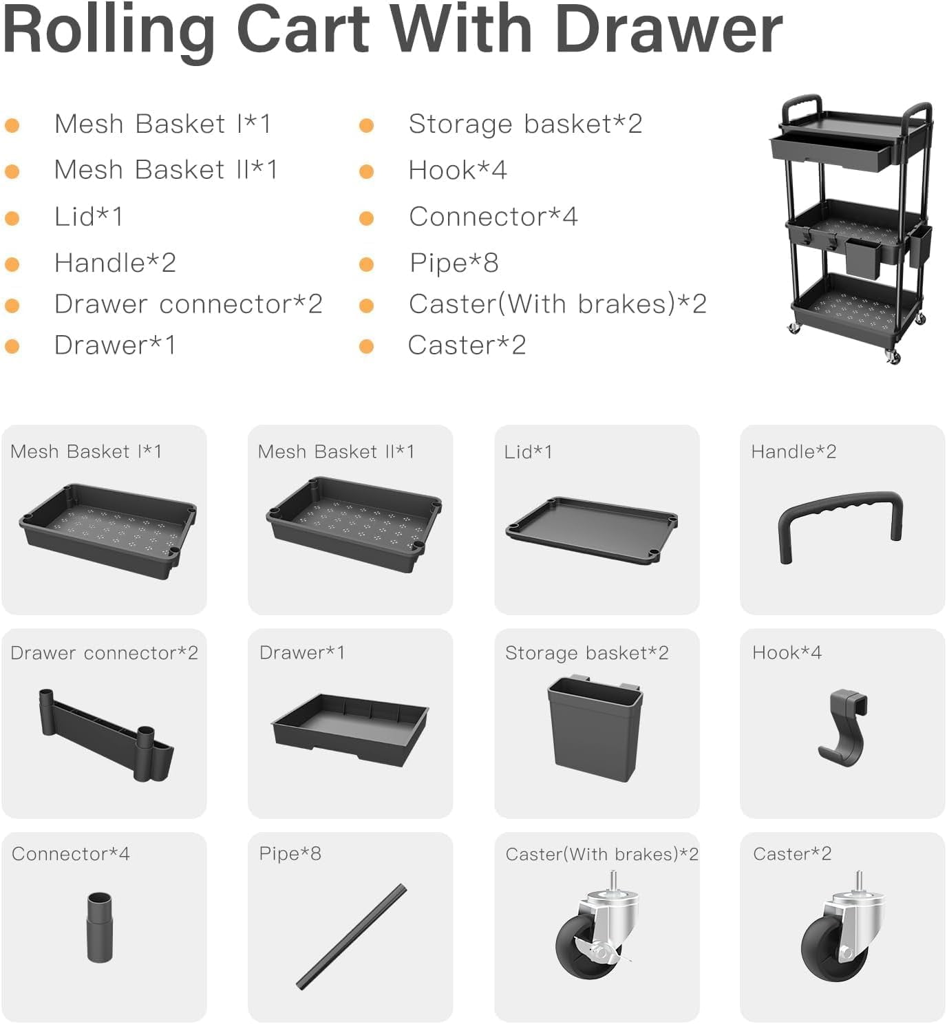 3 Tier Rolling Cart Organizer,Laundry Room Bathroom Organizers and Storage Office Shelves Mobile Shelving Unit Kitchen Trolley Cart with Wheels for Art,Craft,Diaper,Bedside,Snack(Black)