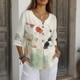 thumbnail image 3 of Xoenoiee Koi Fish Lotus Leaves Print Summer Linen Shirts for Women Button Down V Neck 3/4 Sleeve T-Shirt Blouse Casual Loose Basic Tunic Tops 2026, 2XL, 3 of 7
