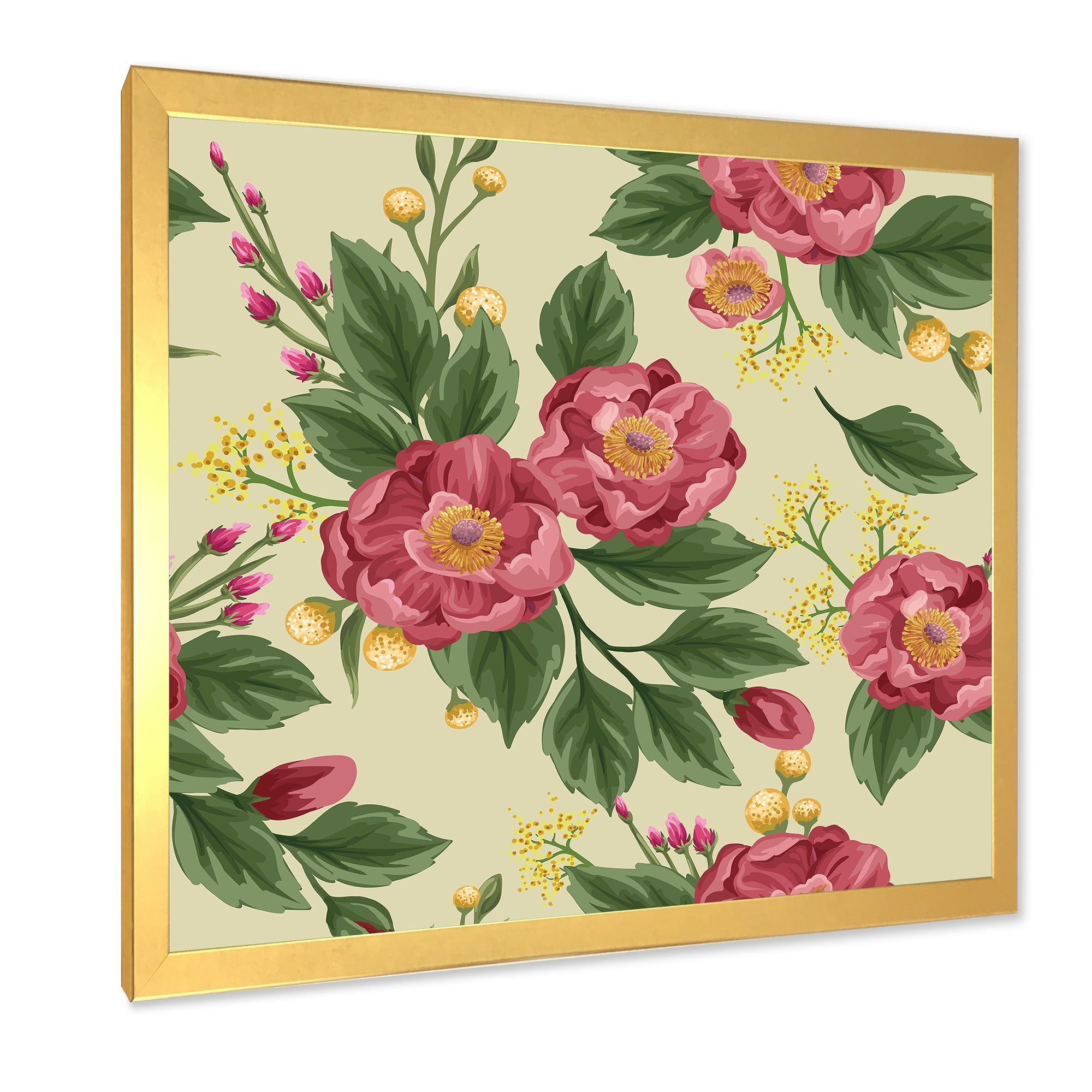 Designart 'Vintage Sweet Peas and Peonies On Beige' Traditional Framed Art Print