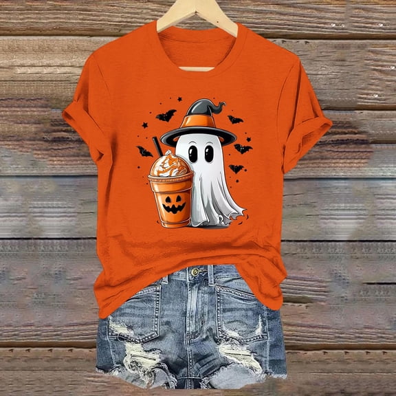 Women's Halloween Graphic Tees Funny Ghost Witch Hat T-Shirts Short Sleeve Crewneck Pumpkin Coffee Print Fall Casual Holiday Party Tops Cute Novelty Shirts
