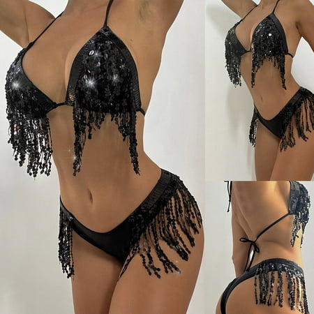 Summer Savings  Women s Fashion Sexy Black Sequin Shiny Tassel Bikini  Dance Party Swimsuit  Trendy Beachwear  Comfortable Poolside Swimwear for Women | Sopatenor  Black L