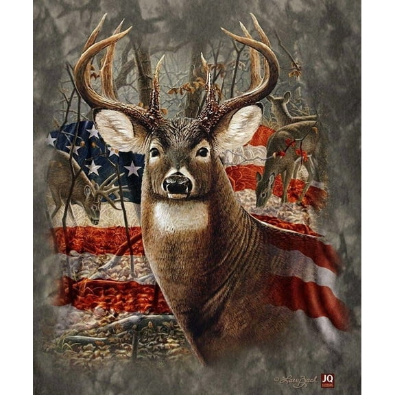 American Deer Blanket, Plush Queen Size Throw, American Flag Hunting Blanket