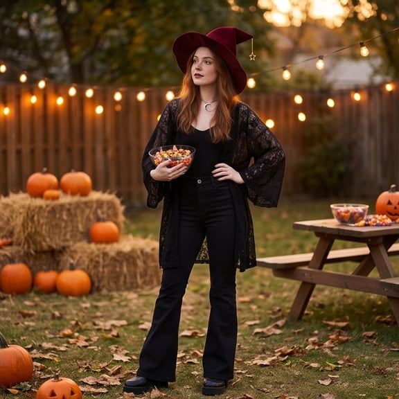 Halloween Cosplay Wizard Hat for Adults Wide Brim Witch Hat with Star Charm Pointed Top Headwear for Masquerade Party Red One Size