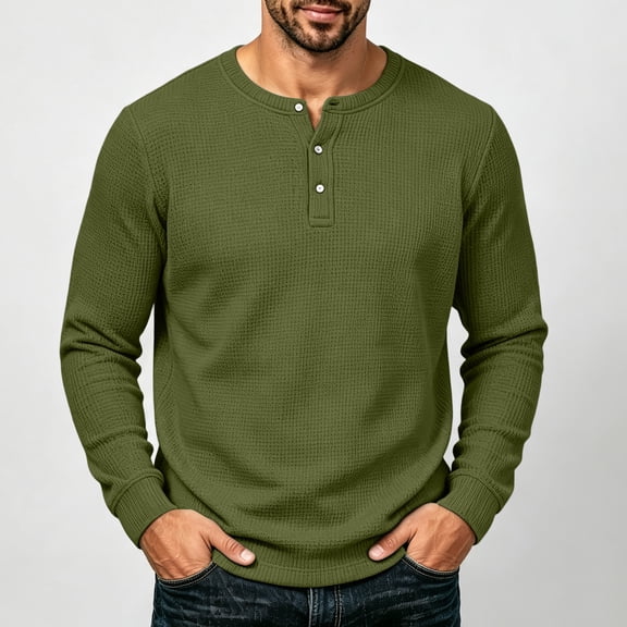 Men's Waffle Knit Henley Shirt Long Sleeve Casual Button Placket Top with Raglan Sleeves Ribbed Cuffs Solid Color Loose Fit Lightweight Breathable Thermal Base Layer Fall Winter Wear Basic Army Green