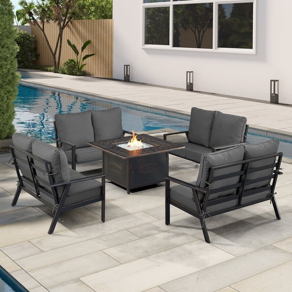 Black Aluminum Fire Table Set with Four Deep Seating Loveseat with Cushions