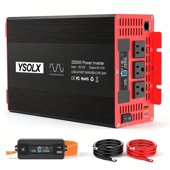 2000W Pure Sine Wave Inverter 12V to 120V, 4000W Surge Dual AC, USB, Remote for RV, Solar, Truck