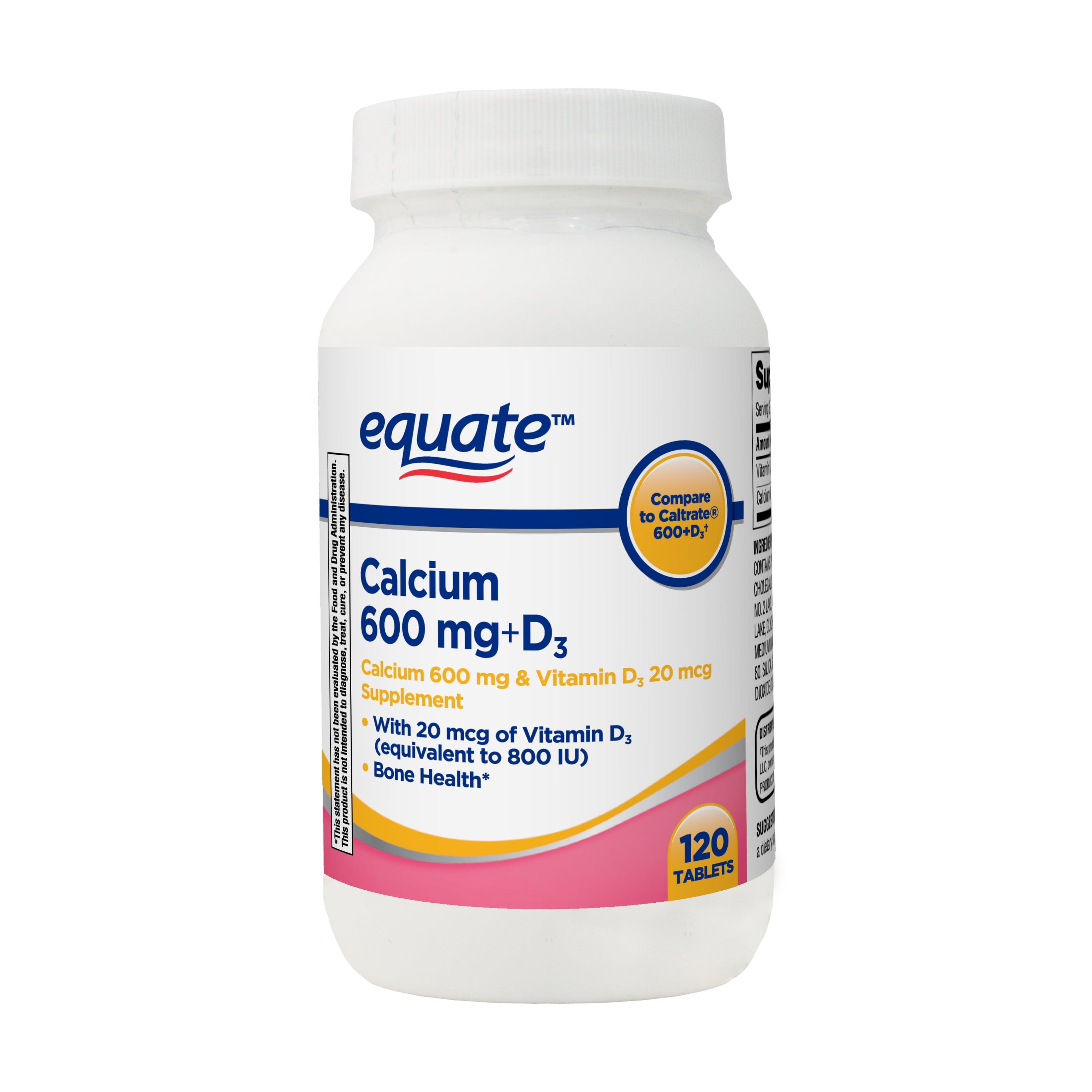 Equate Calcium + D3 Tablets Dietary Supplement, 600 mg, 120 Count