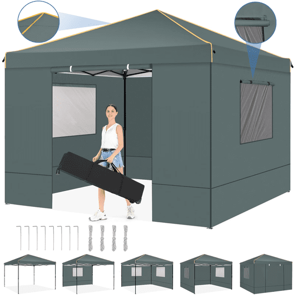 HOTEEL Pop up Canopy Tent 10x10 Instant Canopy with 4 Sidewalls & Carry Bag,Portable Tent for Parties Beach Camping Party Event Shelter Sun Shade,Dark Gray