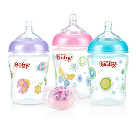 Nuby 3-Count Natural Touch 9-oz Printed Baby Bottles with Comfort Orthodontic Pacifier, Girl, BPA-Free