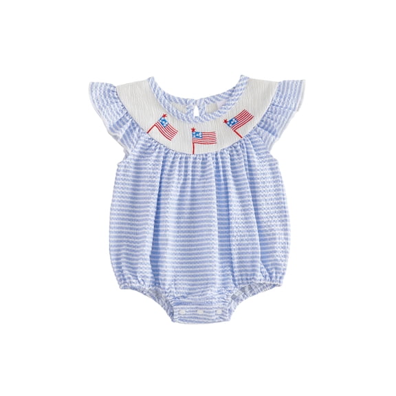 BemeyourBBs Newborn Baby Girl 4th of July Outfit Patriot Independent Day Clothes Summer Bubble Romper 0 3 6 12 18 Months USA Flag Embroidery Striped Fly Sleeves Bodysuit Jumpsuit Playsuit