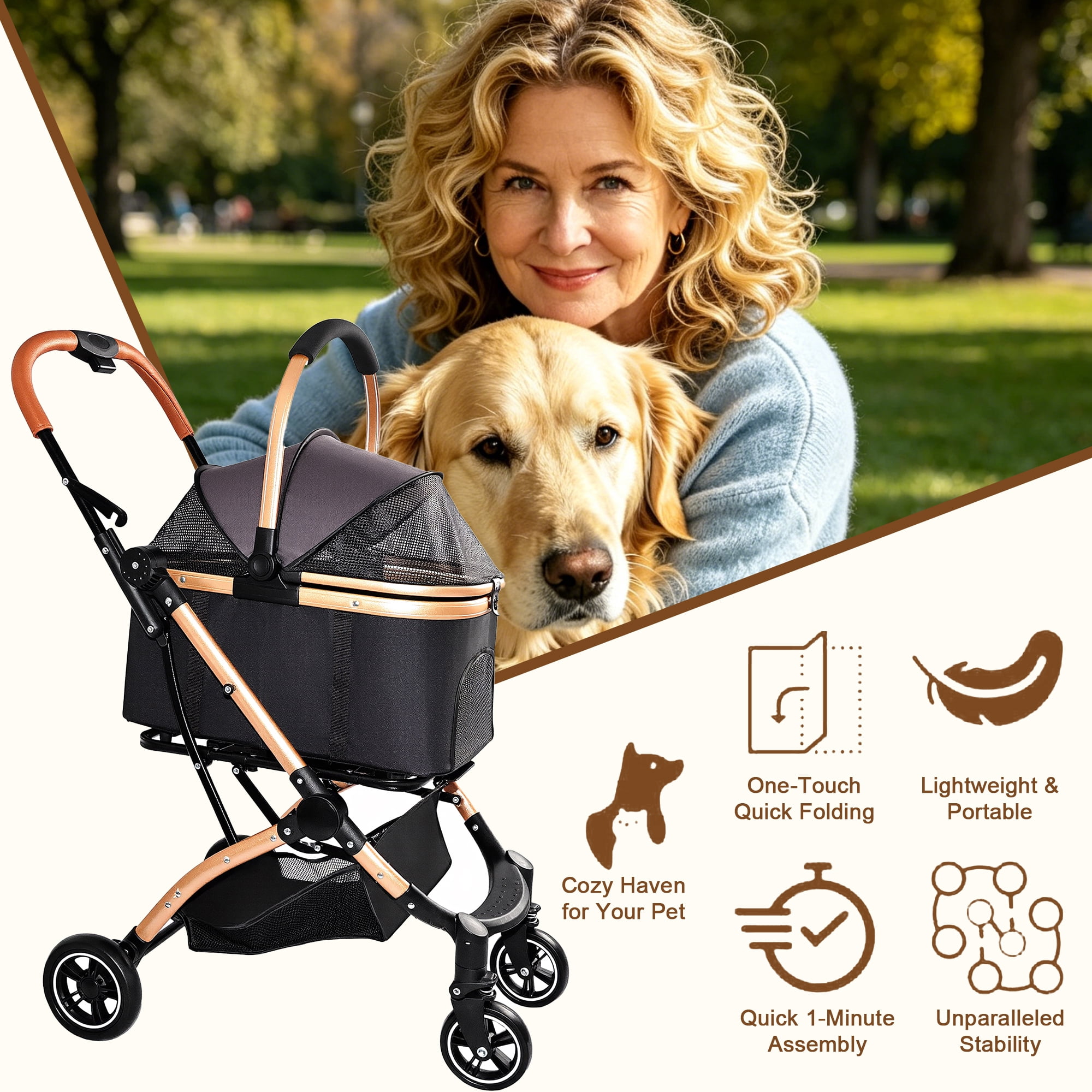 Foldable Pet Stroller for Small/Medium Dogs and Cats, Convertible Pet Cart with Detachable Carrier, Caster & Storage Basket