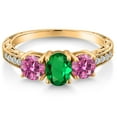 thumbnail image 3 of Gem Stone King 18K Yellow Gold Plated Silver 3-Stone Ring Oval Green Nano Emerald and Vivid Pink Moissanite (1.72 Cttw, Size 8), 3 of 6