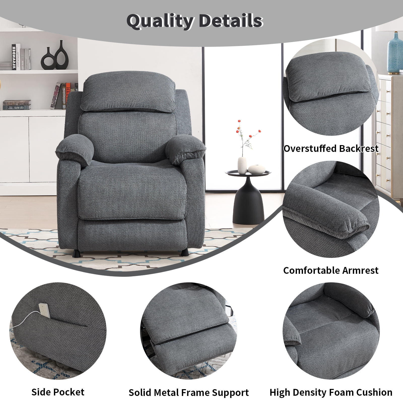 Bonzy Home Power Recliner Chair — Electric Recliner with Remote Control & Side Pockets, Compact Home Theater Seating for Small Spaces