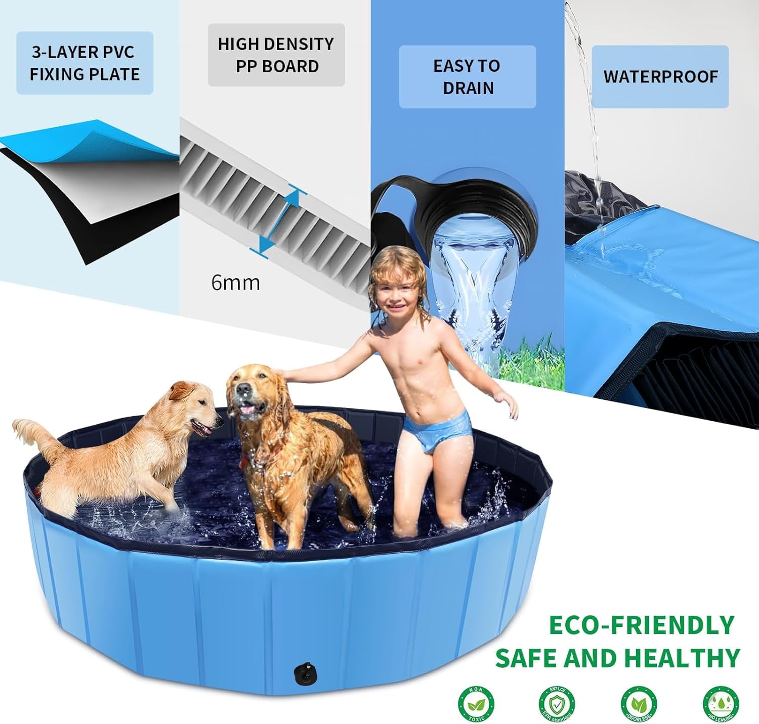 Asunby Bathing Foldable Dog Swimming Pool with Side Drain, Portable Bath Tub for Pets Indoor and Outdoor(32x 12''Blue)