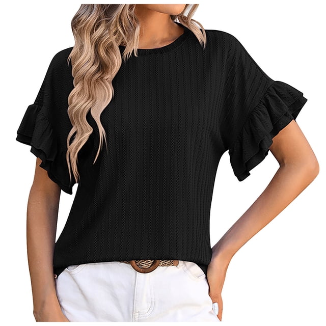 AherBiu Summer Tops for Women Ruffle Short Sleeve Ribbed Casual Loose Crewneck Shirts Blouse