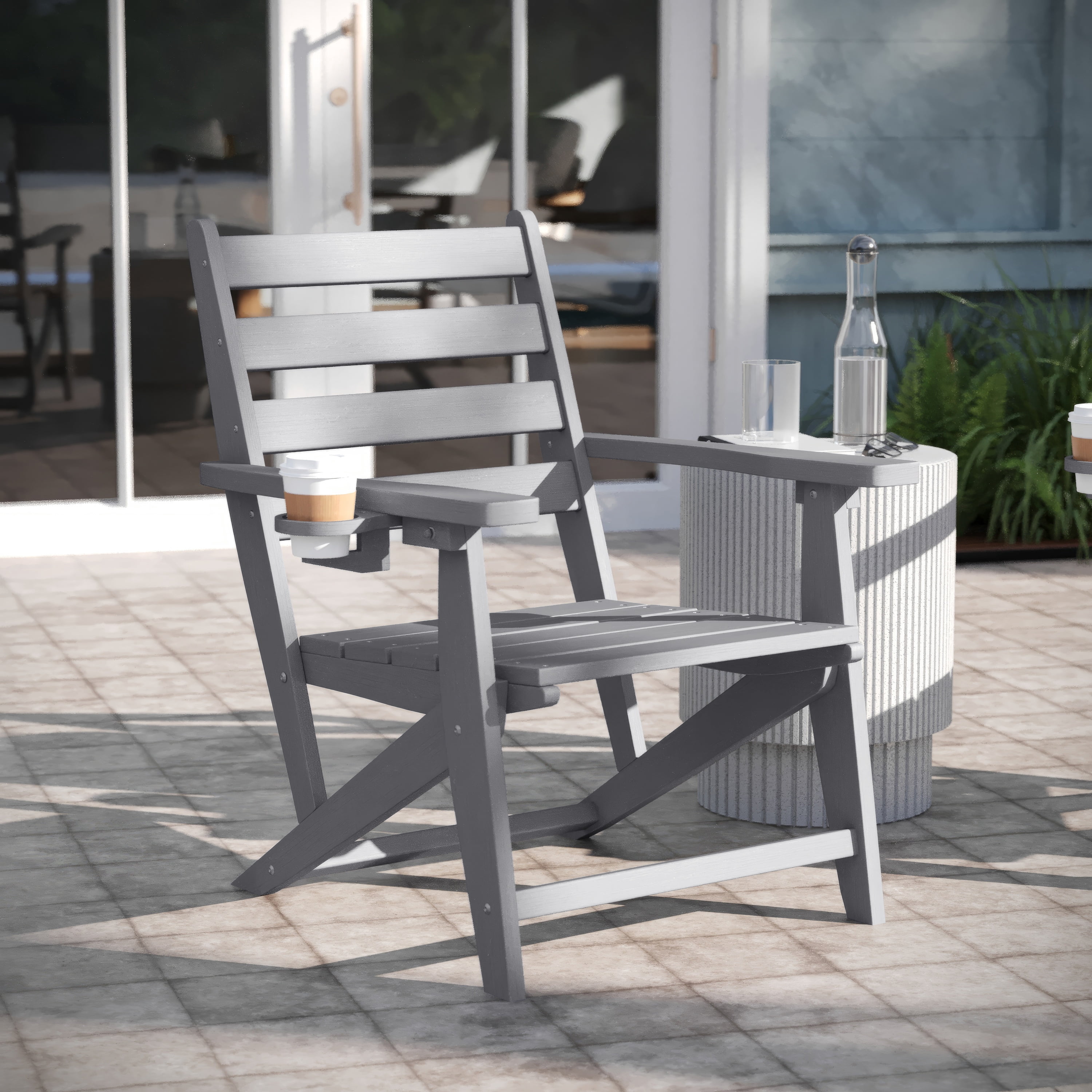 Emma + Oliver Adirondack Dining Chair with Fold Out Cup Holder, Weather Resistant Recycled HDPE Adirondack Chair in Gray