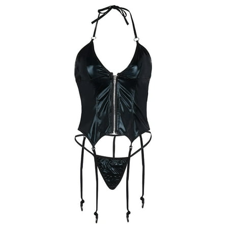 Clearance!Uooqdmx Bodysuits for Women Set Leather with Garter Thong Underwear Bodysuit Zipper Corset Black L