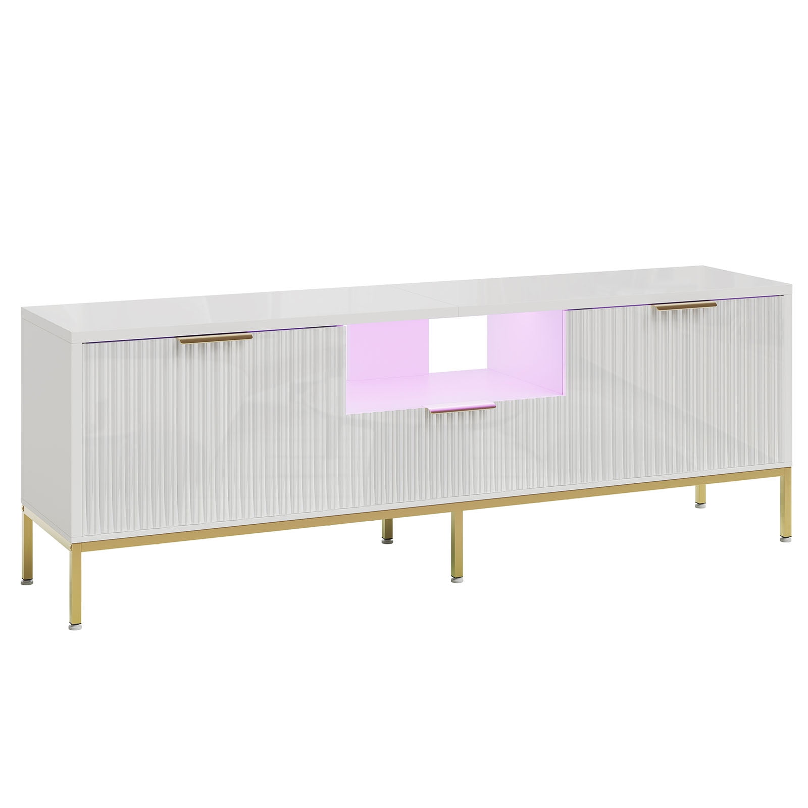 Bestier 55" LED TV Stand for TVs up to 60" Modern High Gloss Entertainment Center with Drawers Cabinets Fluted TV Console, White & Gold