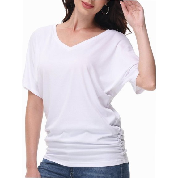 Women's V-Neck Dolman Top - Short Sleeve Solid Color Blouse with Side Shirring Detail, Casual Loose Fit T-Shirt