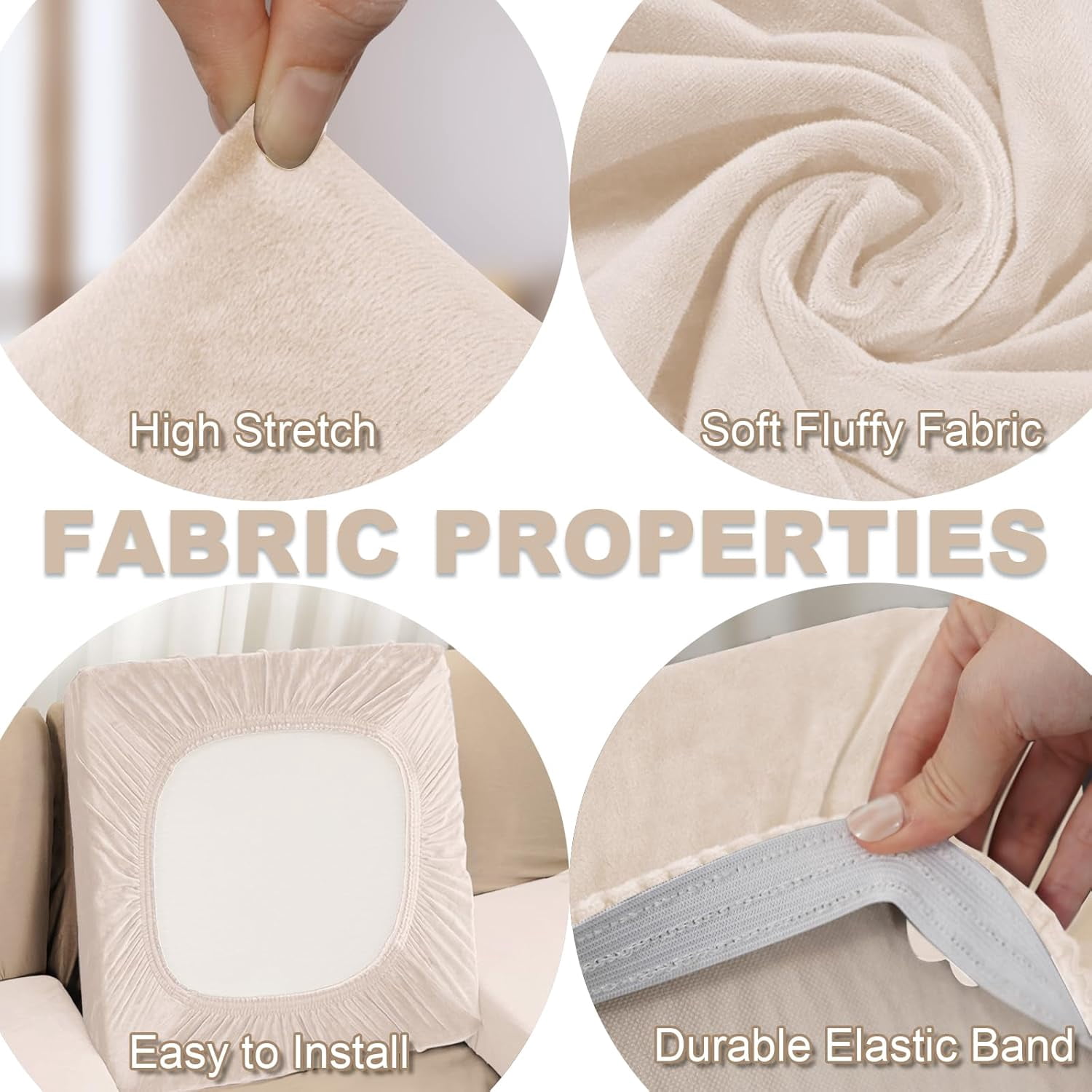 Couch Covers, 3 Pieces Couch Cushion Cover Velvet, Seat Cushion Cover, Stretch Sofa Covers, Separate Sectional Sofa Slipcovers, Furniture Protector(3-Seater or Backrest, Beige)