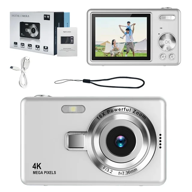 Cámara Digital Para Niños, 4K Fotos Y Video 1080P, Zoom 16x, Pantalla LCD 2.4", Recargable, Fácil De Usar Para Niños 5+ (Colores: Púrpura, Rosa, Negro, Blanco, Plata)
