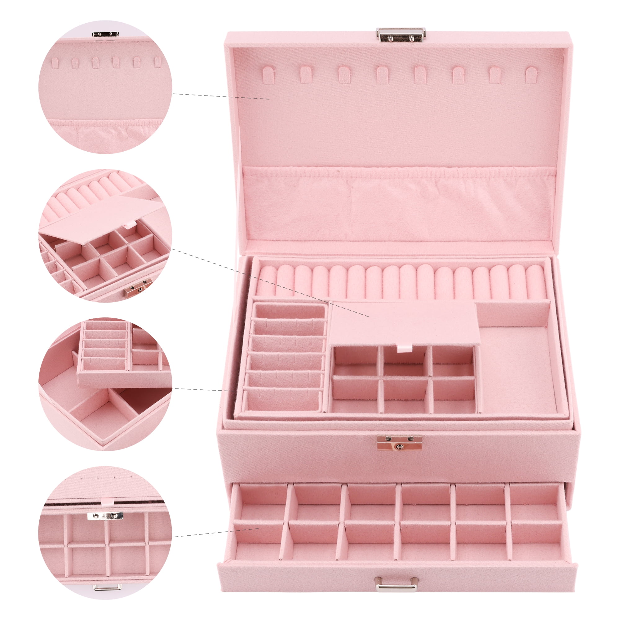 Unique Bargains 3 Layers Jewelry Box Organizer with Drawer Removable Tray Pink